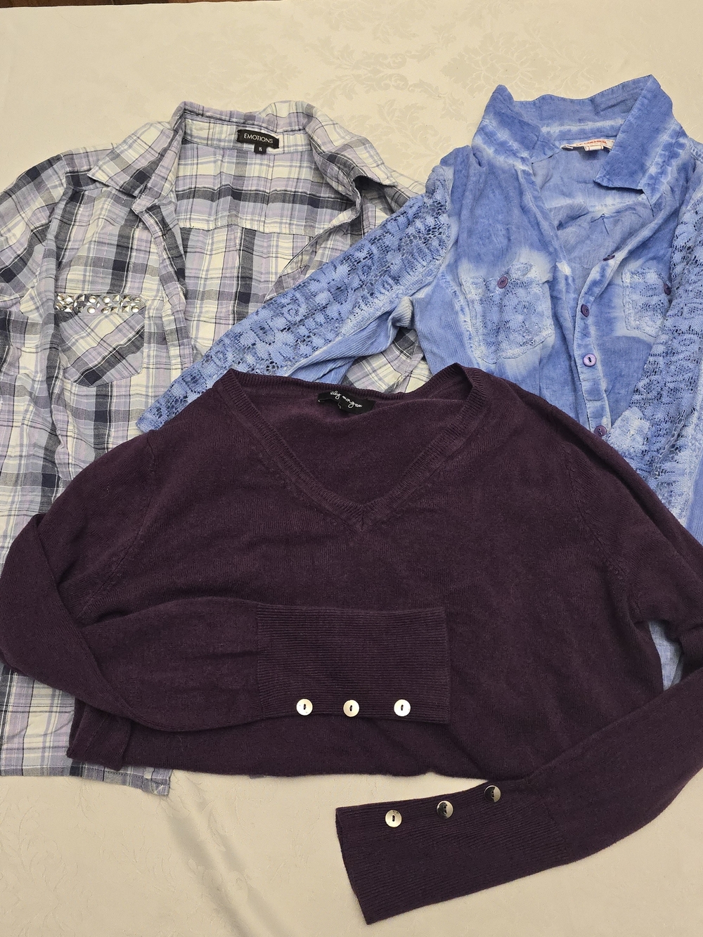 Plum V-Neck Sweater, Plaid Button Up & Lace Detail Button Up Bundle